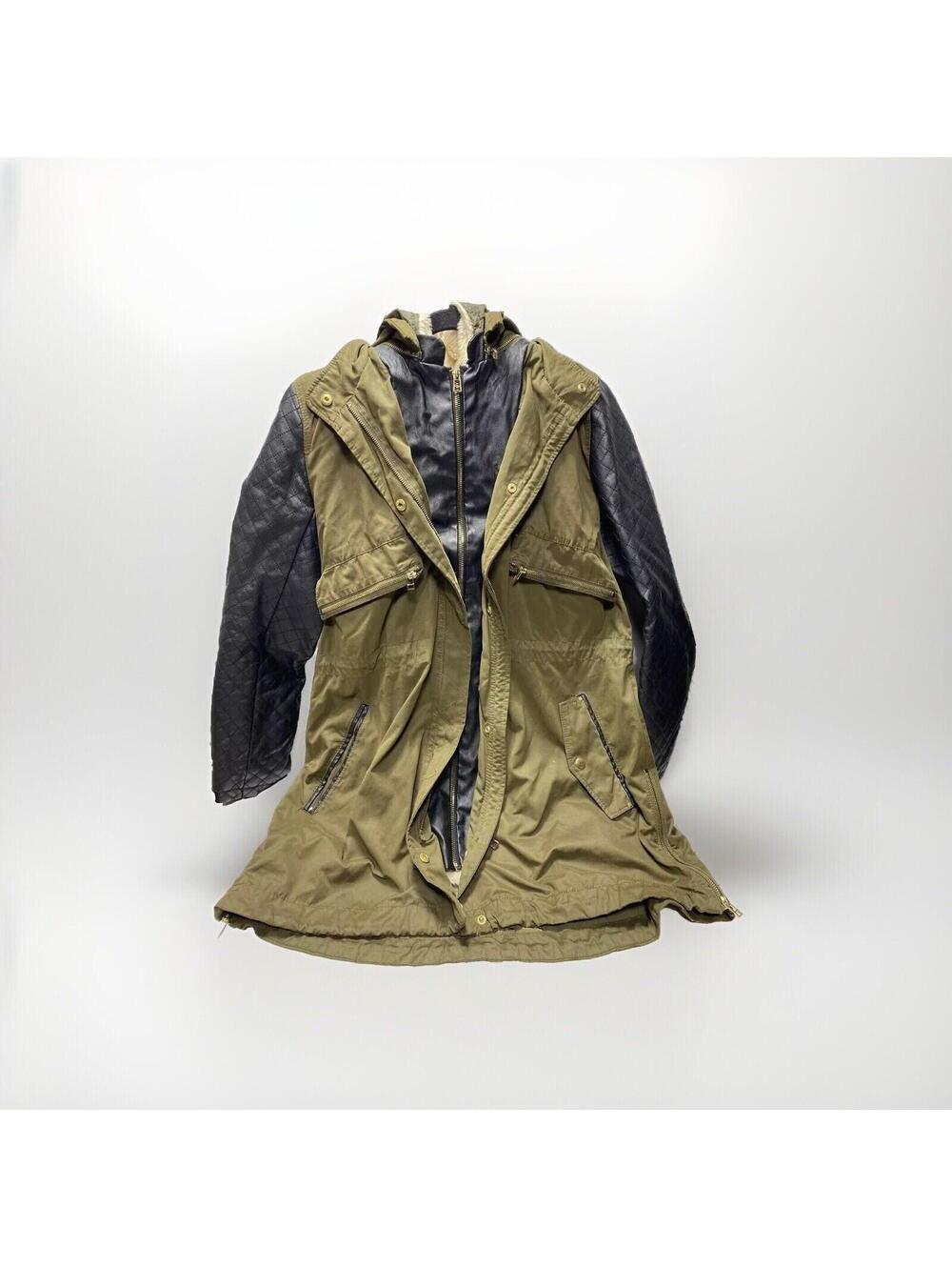 Zara Green Khaki Leather Trim Parka Coat L Winter Fall As Is Broken Front Zipper